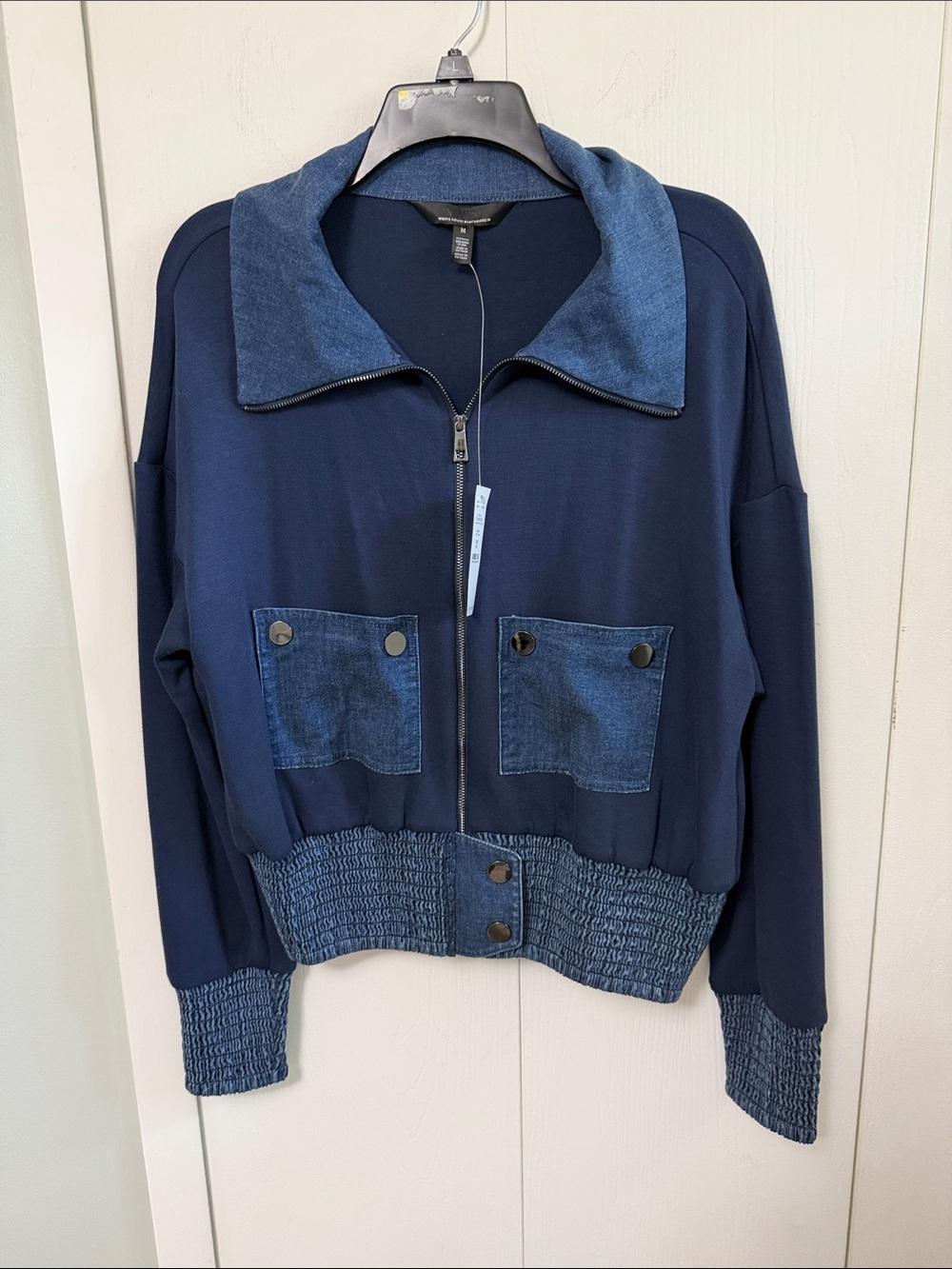 White House Black Market Navy Zip-Front Bomber with Denim Trim